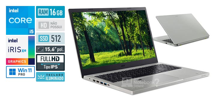 Acer Aspire Vero AV15-51-577Q Core i5-1155G7 11a geracao RAM 16 GB SSD 512 GB Tela 15-6 polegadas Full HD IPS Windows 11 Pro