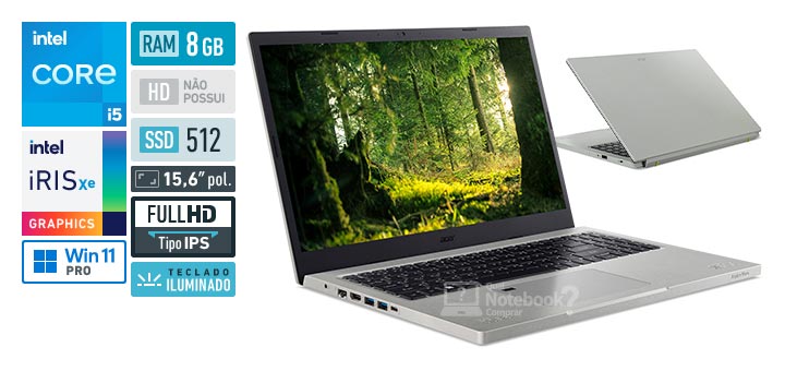 Acer Aspire Vero AV15-51-59DZ Core i5-1155G7 11a geracao RAM 8 GB SSD 512 GB Tela 15-6 polegadas Full HD IPS Windows 11 Pro
