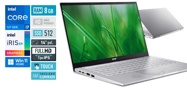 Acer Swift 3 SF314-512T-7325 Core i7-1260P 12 geracao RAM 8 GB SSD 512 GB Tela 14 polegadas Full HD IPS touchscreen Windows 11 Home
