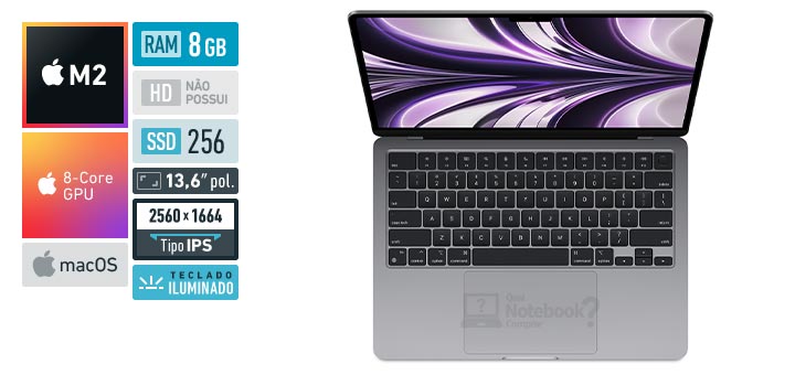 Apple MacBook Air MLXW3BZ-A M2 8-Core M2 RAM 8 GB SSD 256 GB Tela 13-6 polegadas 2560 x 1664 IPS macOS