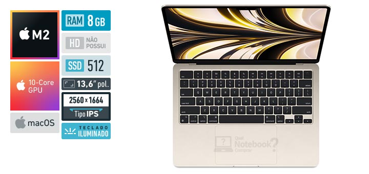Apple MacBook Air MLY23BZ-A M2 8-Core M2 RAM 8 GB SSD 512 GB Tela 13-6 polegadas 2560 x 1664 IPS macOS