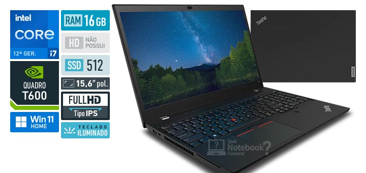 Lenovo ThinkPad P15v 21D90011BR Core i7 12800H 12 geracao Quadro T600 RAM 16 GB SSD 512 GB Tela 15-6 polegadas Full HD IPS Windows 11 Home