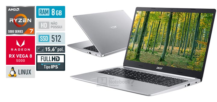Acer Aspire 5 A515-45-R6BL Ryzen 7 5700U Serie 5000 RAM 8 GB SSD 512 GB Tela 15-6 polegadas Full HD IPS Linux