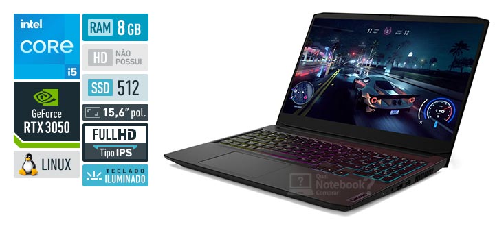 Lenovo IdeaPad Gaming 3i 82MGS00300 Core i5 11300H 11 geracao GeForce RTX 3050 RAM 8 GB SSD 512 GB Tela 15-6 polegadas Full HD IPS Linux