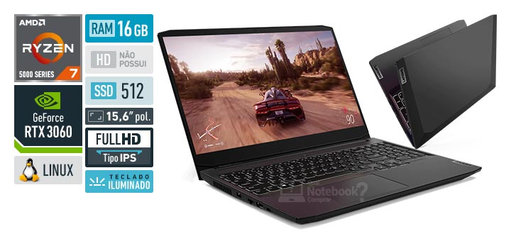 Lenovo IdeaPad Gaming 3 82MJS00100 Ryzen 7 5800H Serie 5000 GeForce RTX 3060 RAM 16 GB SSD 512 GB Tela 15-6 polegadas Full HD IPS Linux