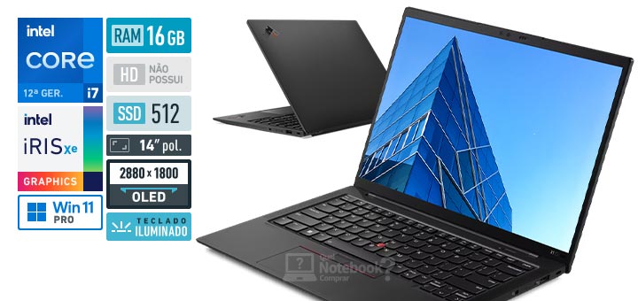 Lenovo ThinkPad X1 Carbon 21CC0093BR Core i7 1270P 12 geracao RAM 16 GB SSD 512 GB Tela 14-0 polegadas 2880 x 1800 IPS Windows 11 Pro