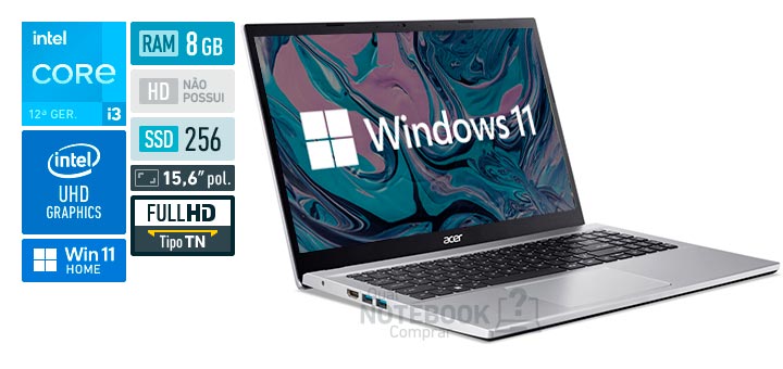 Acer Aspire 3 A315-59-34M4 Core i3-1215U 12ª geração RAM 8 GB SSD 256 GB Tela 15,6 polegadas Full HD TN Windows 11 Home