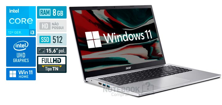 Acer Aspire 3 A315-59-35DA Core i3-1215U 12ª geração RAM 8 GB SSD 512 GB Tela 15,6 polegadas Full HD TN Windows 11 Home