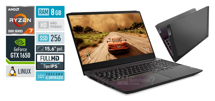 Lenovo IdeaPad Gaming 3 82MJS00400 Ryzen 7 5800H Serie 5000 GeForce GTX 1650 RAM 8 GB SSD 256 GB Tela 15-6 polegadas Full HD IPS Linux