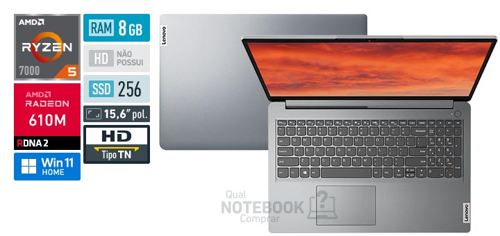 Lenovo IdeaPad 1 82X50004BR Ryzen 5 7520U Serie 7000 RAM 8 GB SSD 256 GB Tela 15_6 polegadas HD TN Windows 11 Home Suporte Premium