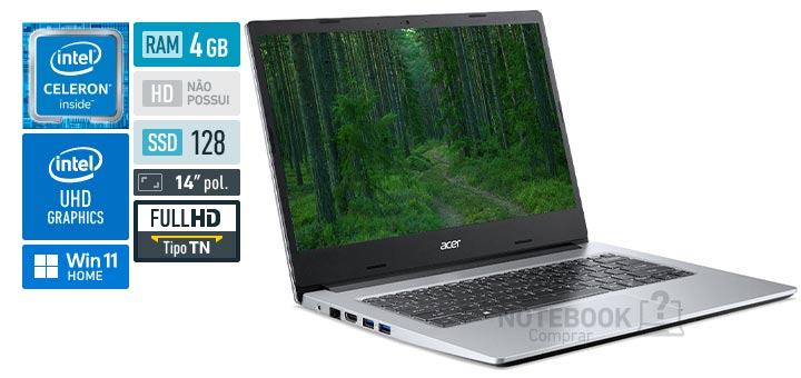 Acer Aspire 3 A314-35-C87Q Celeron N4500 Jasper Lake RAM 4 GB SSD 128 GB Tela 14 Full HD TN Windows 11 Home