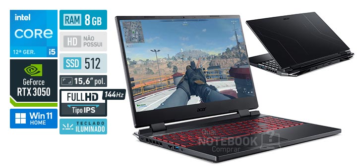 Acer Aspire Nitro 5 AN515-58-51Q9 Core i5 12500H 12 geracao GeForce RTX 3050 RAM 8 GB SSD 512 GB Tela 15-6 polegadas Full HD IPS 144 Hz Windows 11 Home