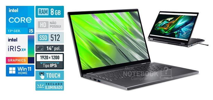 Acer Aspire 5 Spin A5SP14-51MTN-5621 Core i5 1335U 13 geracao RAM 8 GB SSD 512 GB Tela 14-0 polegadas Full HD IPS touchscreen Windows 11 Home Acer Active Stylus 2