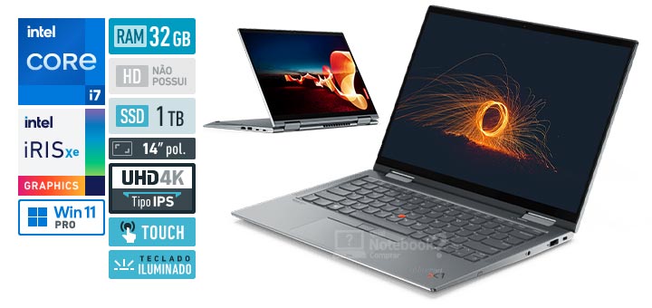 Lenovo ThinkPad X1 Yoga 20Y00039BR Core i7 1185G7 11 geracao RAM 32 GB SSD 1 TB Tela 14-0 polegadas UHD 4K IPS touchscreen Windows 11 Pro Adaptador USB-C para RJ-45