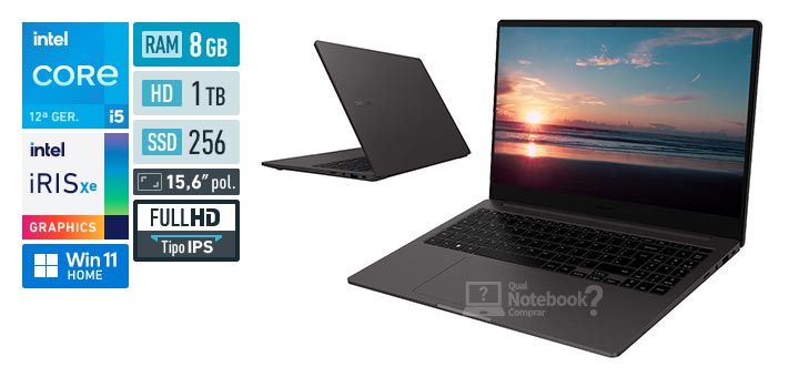 Samsung Galaxy Book2 NP550XED-KF4BR Core i5 1235U 12 geracao RAM 8 GB HD 1 TB SSD 256 GB Tela 15-6 polegadas Full HD IPS Windows 11 Home