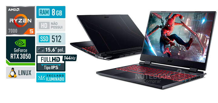 Acer Aspire Nitro 5 AN515-47-R5SU AMD Ryzen 5 7535HS Série 7000 GeForce RTX 3050 RAM 8 GB SSD 512 GB Tela 15,6 polegadas Full HD IPS 144 Hz Linux