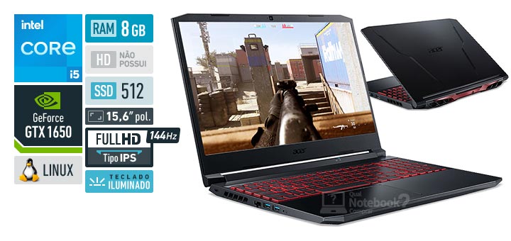 Acer Aspire Nitro 5 AN515-57-57XQ Core i5 11400H 11 geracao GeForce GTX 1650 RAM 8 GB SSD 512 GB Tela 15-6 polegadas Full HD IPS 144 Hz Linux