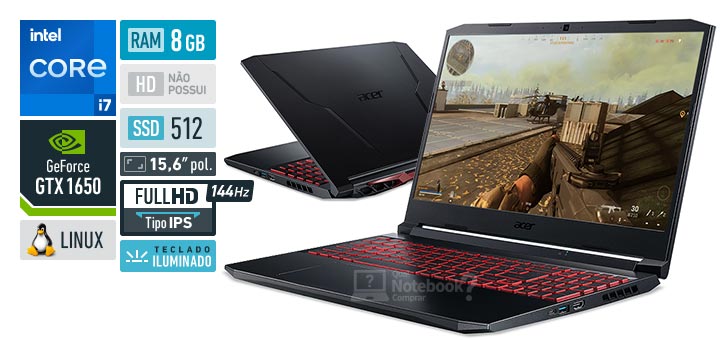 Acer Aspire Nitro 5 AN515-57-75C3 Core i7 11800H 11 geracao GeForce GTX 1650 RAM 8 GB SSD 512 GB Tela 15-6 polegadas Full HD IPS 144 Hz Linux