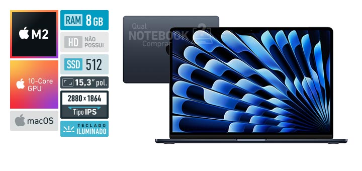Apple MacBook Air MQKX3BZA M2 8-Core M2 RAM 8 GB SSD 512 GB Tela 15-3 polegadas IPS macOS