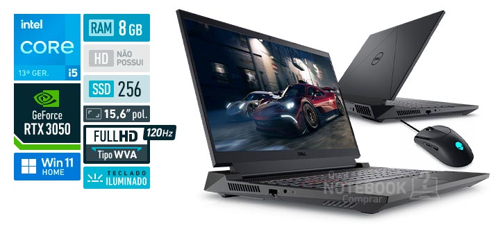 Dell G15-i1300-M10M Intel Core i5-13450HX 13ª geração GeForce RTX 3050 RAM 8 GB SSD 256 GB Tela 15,6 polegadas Full HD WVA 120 Hz Windows 11 Home Mouse Gamer Alienware