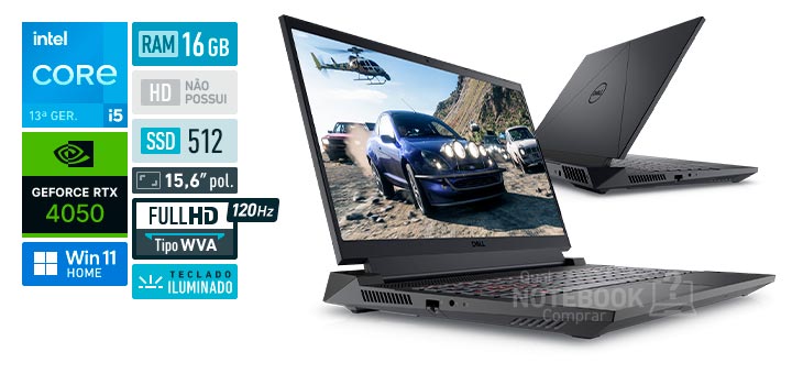 Dell G15-i1300-M40P Intel Core i5-13450HX 13ª geração GeForce RTX 4050 RAM 16 GB SSD 512 GB Tela 15-6 polegadas Full HD WVA 120 Hz Windows 11 Home