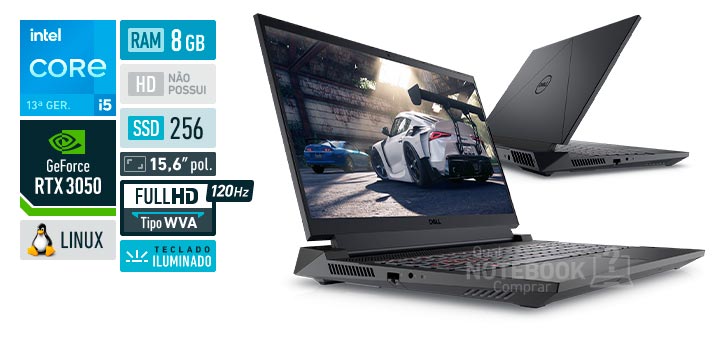 Dell G15-i1300-U10P Intel Core i5-13450HX 13ª geração GeForce RTX 3050 RAM 8 GB SSD 256 GB Tela 15,6 polegadas Full HD WVA 120 Hz Linux Ubuntu
