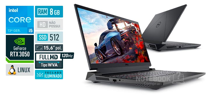 Dell G15-i1300-U20P Intel Core i5-13450HX 13ª geração GeForce RTX 3050 RAM 8 GB SSD 512 GB Tela 15,6 polegadas Full HD WVA 120 Hz Linux Ubuntu