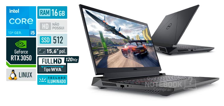Dell G15-i1300-U30P Intel Core i5-13450HX 13ª geração GeForce RTX 3050 RAM 16 GB SSD 512 GB Tela 15,6 polegadas Full HD WVA 120 Hz Linux Ubuntu