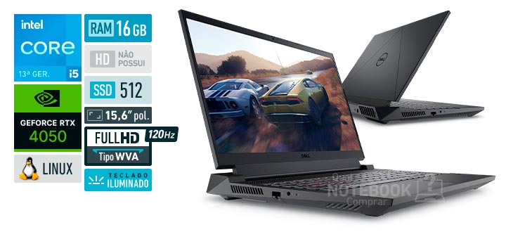 Dell G15-i1300-U40P Intel Core i5-13450HX 13ª geração GeForce RTX 4050 RAM 16 GB SSD 512 GB Tela 15,6 polegadas Full HD WVA 120 Hz Linux Ubuntu