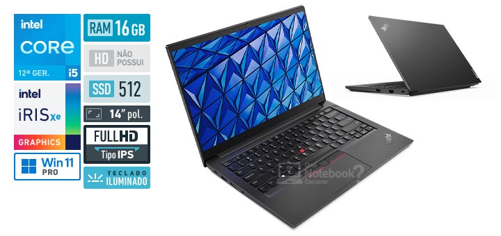Lenovo ThinkPad E14 21E4001GBO Core i5 1235U 12a geracao RAM 16 GB SSD 512 GB Tela 14-0 polegadas Full HD IPS Windows 11 Pro