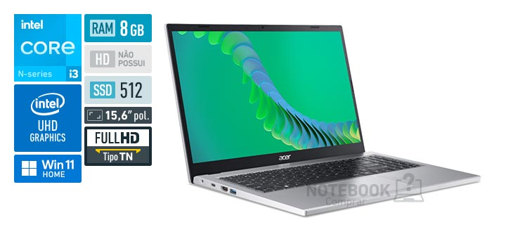 Acer Aspire 3 A315-510P-35D2 Core i3-N305 N-series RAM 8 GB SSD 512 GB Tela 15-6 polegadas Full HD 1920 x 1080 px TN Windows 11 Home