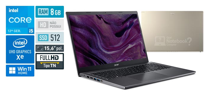 Acer Aspire 5 A515-57-57T3 Core i5 12450H 12a geracao RAM 8 GB SSD 512 GB Tela 15-6 polegadas Full HD 1920 x 1080 px TN Windows 11 Home