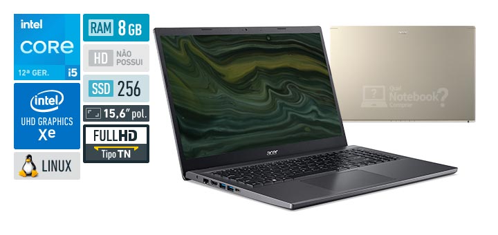 Acer Aspire 5 A515-57-58W1 Core i5-12450H 12a geracao RAM 8 GB SSD 256 GB Tela 15-6 polegadas Full HD 1920 x 1080 px TN Linux