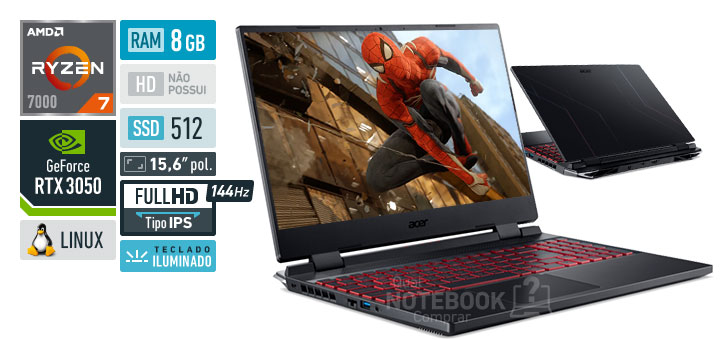 Acer Aspire Nitro 5 AN515-47-R9ES Ryzen 7 7735HS Serie 7000 GeForce RTX 3050 RAM 8 GB SSD 512 GB Tela 15-6 polegadas Full HD 1920 x 1080 px IPS 144 Hz Linux