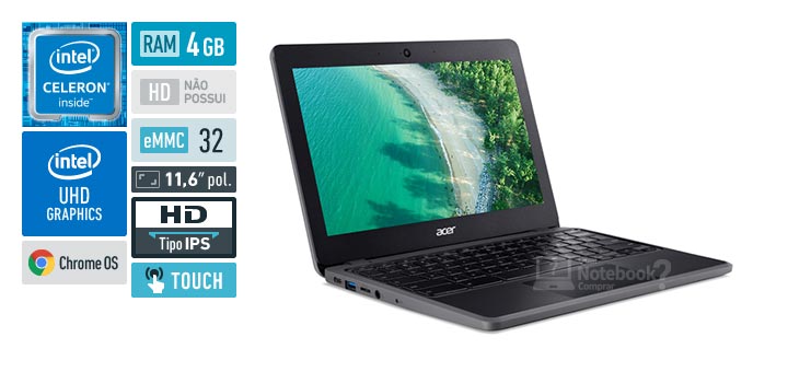 Acer Chromebook 511 C734T-C23A Celeron N4500 Jasper Lake RAM 4 GB SSD-eMMC 32 GB Tela 11-6 polegadas HD IPS touchscreen Chrome OS
