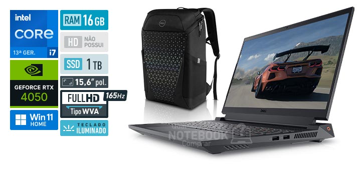 Dell G15-i1300-M70BP Core i7 13650HX 13a geracao GeForce RTX 4050 RAM 16 GB SSD 1 TB Tela 15-6 polegadas Full HD 1920 x 1080 px WVA 165 Hz Windows 11 Home Mochila Dell Gaming