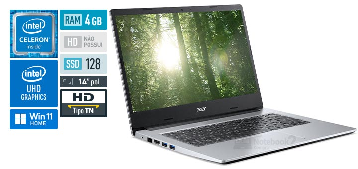 Acer Aspire 3 A314-35-C9KU Celeron N4500 Jasper Lake RAM 4 GB SSD 128 GB Tela 14-0 polegadas HD 1366 x 768 px TN Windows 11 Home