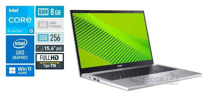 Acer Aspire 3 A315-510P-34XC Core i3 N305 N-series RAM 8 GB SSD 256 GB Tela 15-6 polegadas Full HD 1920 x 1080 px TN Windows 11 Home