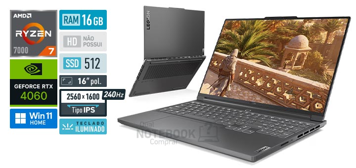 Lenovo Legion Slim 7 82Y40021BR Ryzen 7 7840HS Serie 7000 GeForce RTX 4060 RAM 16 GB SSD 512 GB Tela 16-0 polegadas 2560 x 1600 px IPS 240 Hz Windows 11 Home