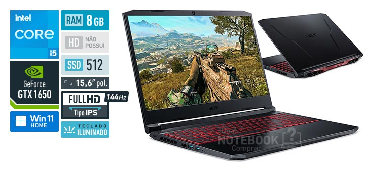 Acer Aspire Nitro 5 AN515-57-59HT Core i5-11260H 11a geracao GeForce GTX 1650 Windows 11 Home RAM 8 GB SSD 512 GB Tela LED 15-6 polegadas Full HD IPS 144 Hz Teclado iluminado