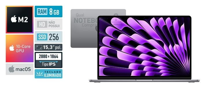 Apple MacBook Air MQKP3BZ-A M2 8-Core M2 10-Core GPU macOS RAM 8 GB SSD 256 GB Tela LED 15-3 polegadas 2880 x 1864 px IPS Teclado iluminado