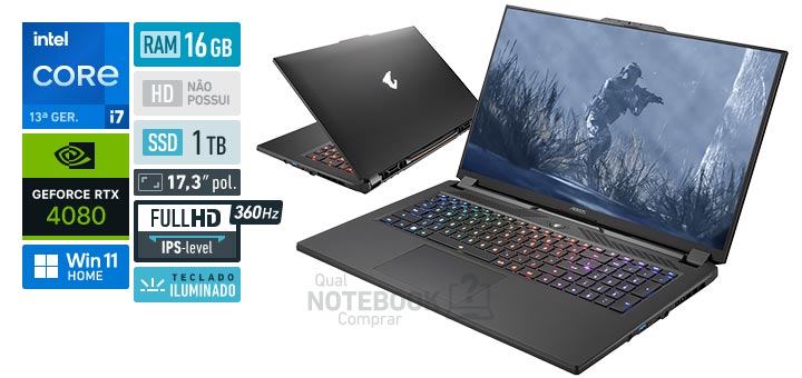 Gigabyte AORUS 17H BXF-74BR554SH Core i7-13700H 13a geracao GeForce RTX 4080 Windows 11 Home RAM 16 GB SSD 1 TB Tela LED 17-3 polegadas Full HD IPS-level 360 Hz Teclado iluminado