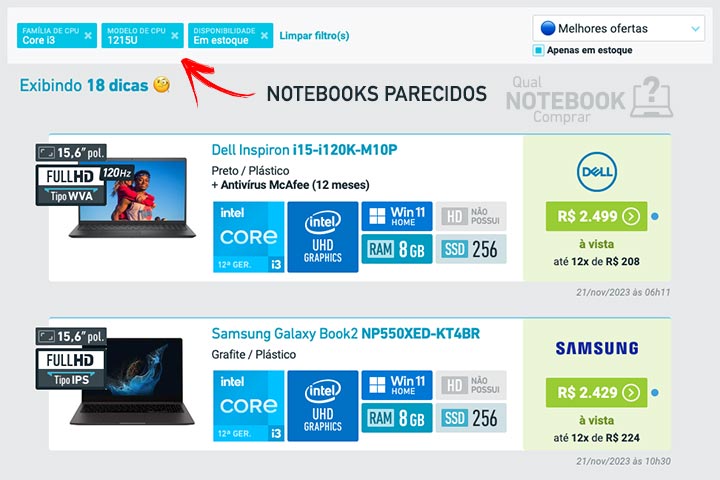 Monitor de ofertas notebooks com hardware parecidos mesmo processador CPU