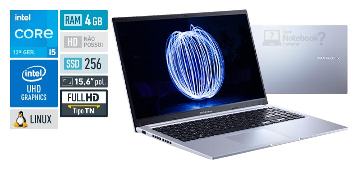 ASUS VivoBook 15 X1502ZA-EJ1779 Core i5-12450H 12a geracao UHD Graphics G4 48 EUs Linux RAM 4 GB SSD 256 GB Tela LED 15-6 polegadas Full HD TN