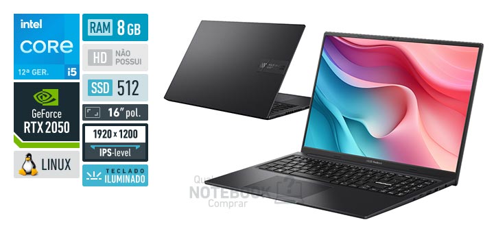 ASUS VivoBook 16X K3605ZF-MB297 Core i5-12450H 12a geracao GeForce RTX 2050 Linux RAM 8 GB SSD 512 GB Tela LED 16 polegadas WUXGA IPS-level Teclado iluminado