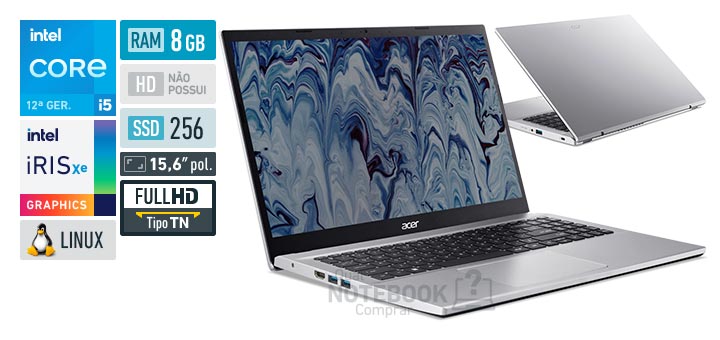 Acer Aspire 3 A315-59-514W Core i5-1235U 12a geracao Iris Xe Graphics G7 80 EUs Linux RAM 8 GB SSD 256 GB Tela LED 15-6 polegadas Full HD TN