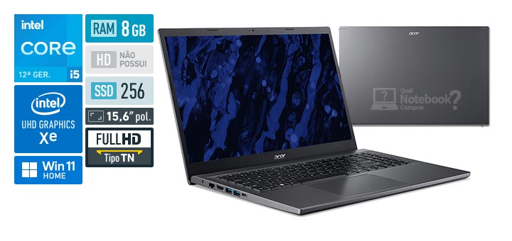 Acer Aspire 5 A515-57-55B8 Core i5-12450H 12a geracao UHD Graphics Xe G4 48 EUs Windows 11 Home RAM 8 GB SSD 256 GB Tela LED 15-6 polegadas Full HD TN