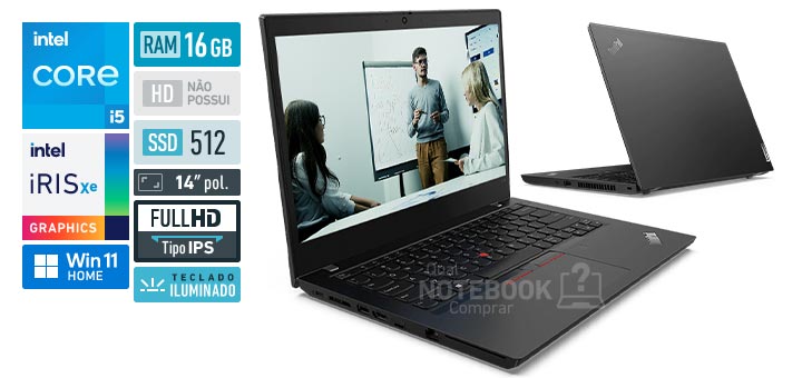 Lenovo ThinkPad L14 20X2006NBO Core i5-1135G7 11a geracao Iris Xe Graphics G7 80 EUs Windows 11 Home RAM 16 GB SSD 512 GB Tela LED 14-0 polegadas Full HD IPS Teclado iluminado