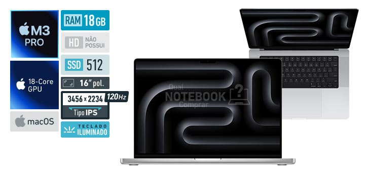 Apple MacBook Pro MRW43BZ-A M3 Pro 12-Core M3 Pro M3 18-Core GPU M3 macOS RAM 18 GB SSD 512 GB Tela MiniLED 16-0 polegadas 3456 x 2234 px IPS 120 Hz Teclado iluminado