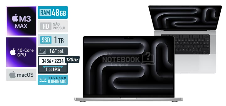 Apple MacBook Pro MUW73BZ-A M3 Max 16-Core M3 Max M3 40-Core GPU M3 macOS RAM 48 GB SSD 1 TB Tela MiniLED 16-0 polegadas 3456 x 2234 px IPS 120 Hz Teclado iluminado
